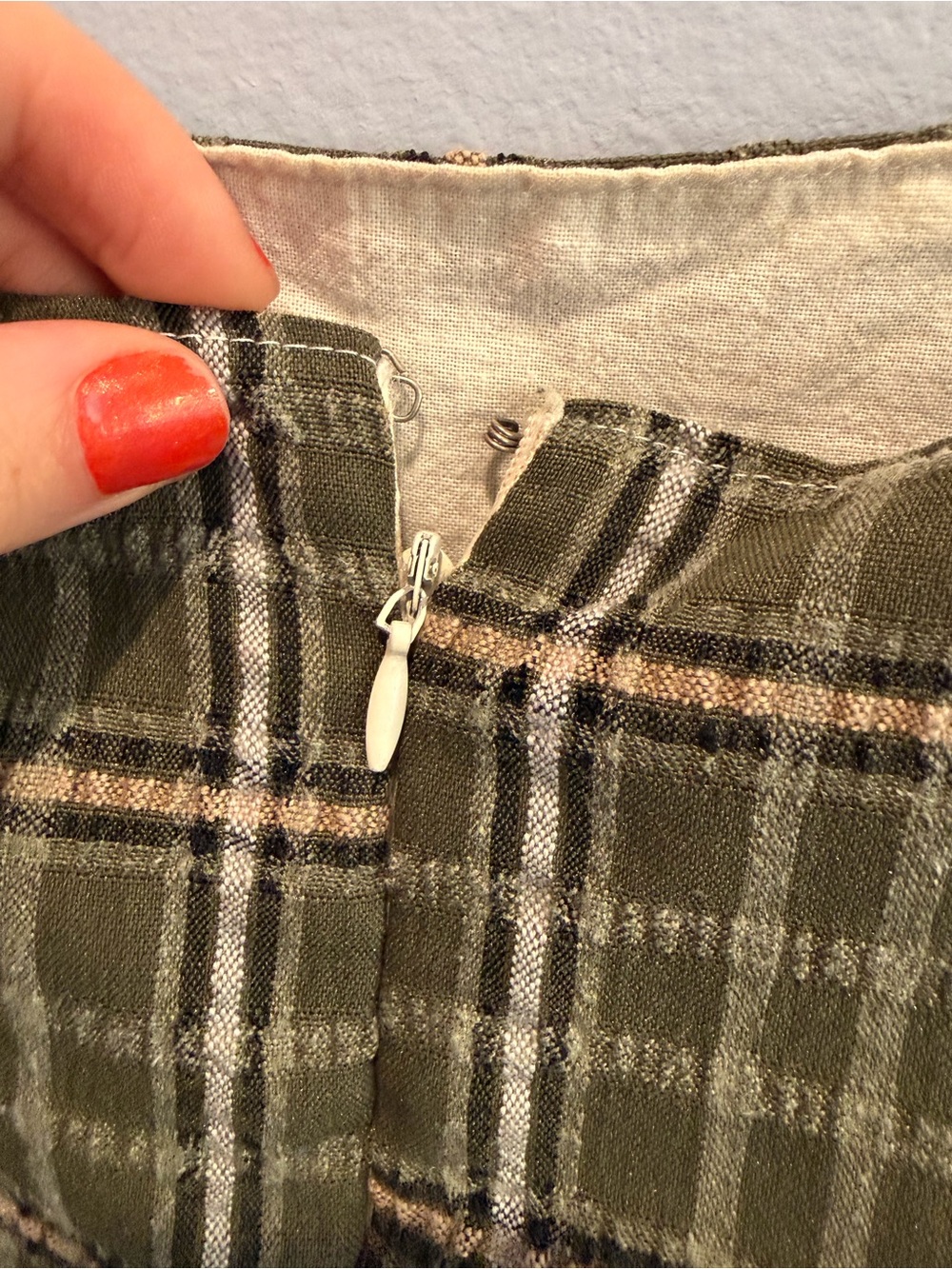 Handmade Cotton Plaid Olive Green Square-Neck A-Line Skater Dress - Picture 4 of 7